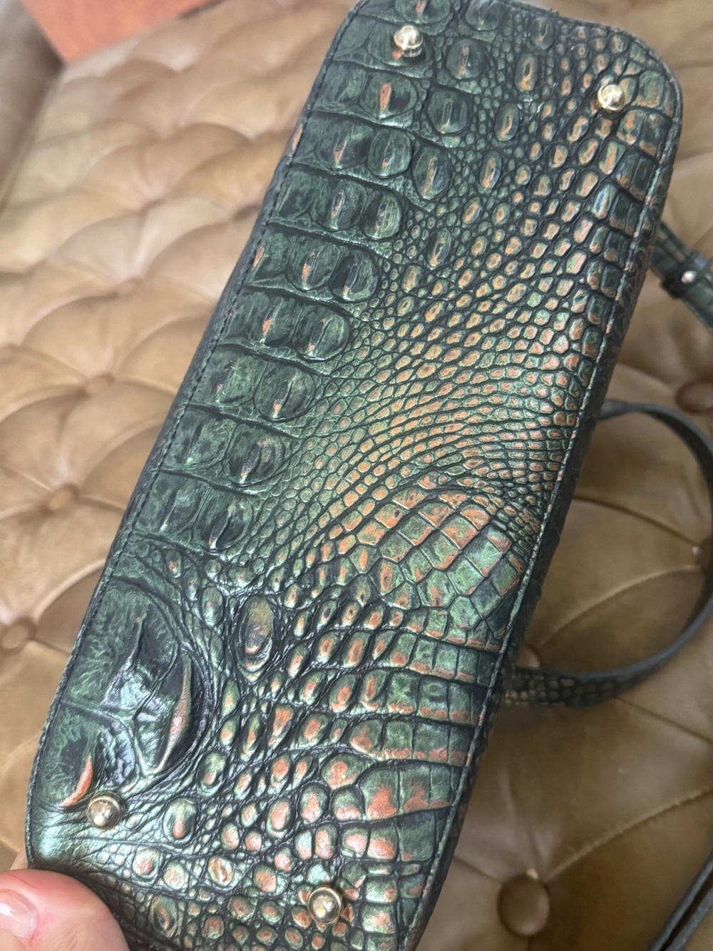 Brahmin Metallic Green Croc Embossed Leather Satchel Crossbody Purse Mini Asher - Picture 8 of 12
